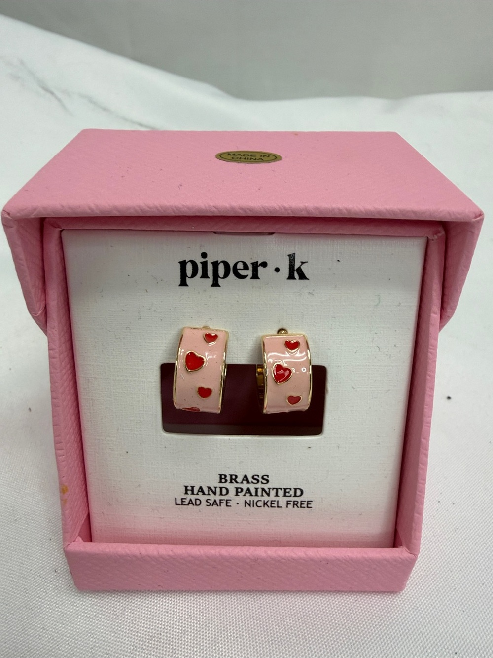 Piper·k Pink Enamel Huggie Earrings with Red Hearts